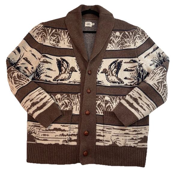 Flint and Tinder Duck Paradise Cardigan Size XXL Brown Jacquard Wool-Blend Shawl - Picture 1 of 14